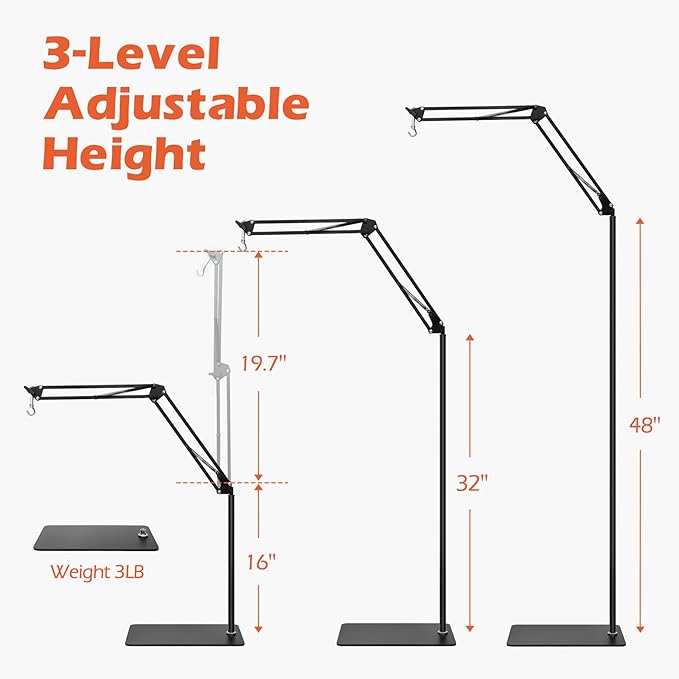 Reptile Lamp Stand Reptile Heat Lamp Stand with 360° Adjustable Swing Arm, 14-67.7 inch Metal Bracket Floor Light Holder Terrarium Heat Lamps for Bearded Dragon Turtles Snake Chicks Heating Light