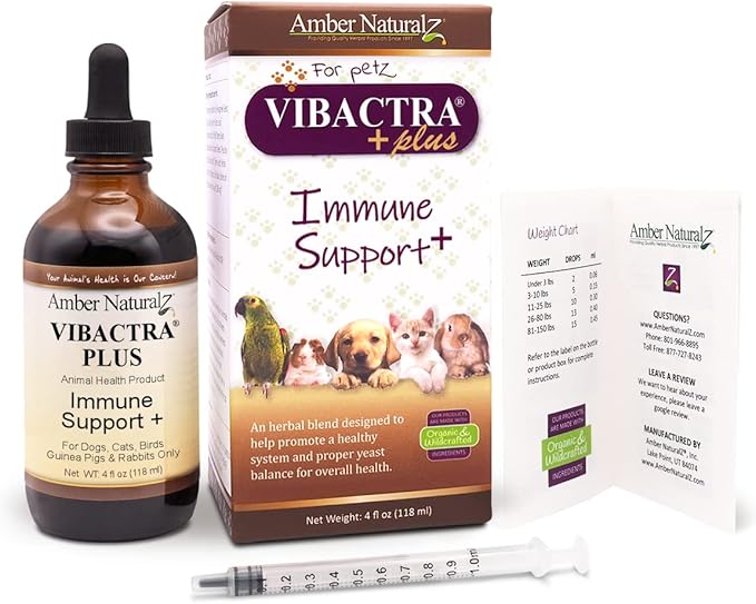 Amber NaturalZ Vibactra Plus Herbal Supplement for Dogs, Cats, Birds, Guinea Pigs, and Rabbits | Herbs for Immune Health and Yeast Balance | 4 Fluid Ounce Glass Bottle | Manufactured in The USA