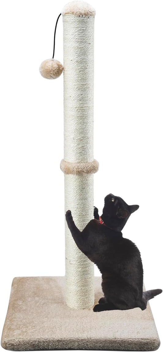 Tall Cat Scratching Post 34” Basic Vertical Scratcher for Indoor Cats and Kittens, Cat Scratch with Sturdy Sisal Rope and Hanging Ball, Large Heavy Plush Base (Light Brown)