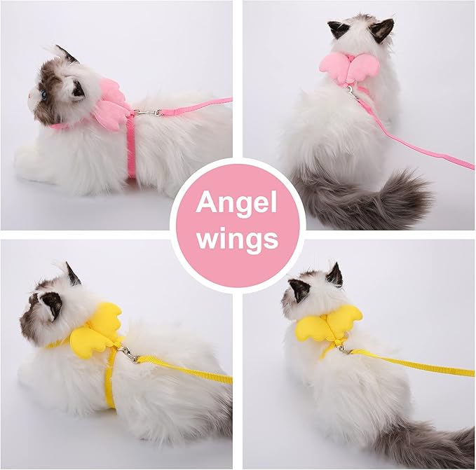 2Pcs Rabbit Harness and Leash, Adjustable Bunny Harness, Kitten Vest Harness and Leash Set, Cute Wings Pet Harness Leash Set for Bunny Puppy Kitten Ferret and Other Small Animals (Yellow+Pink)