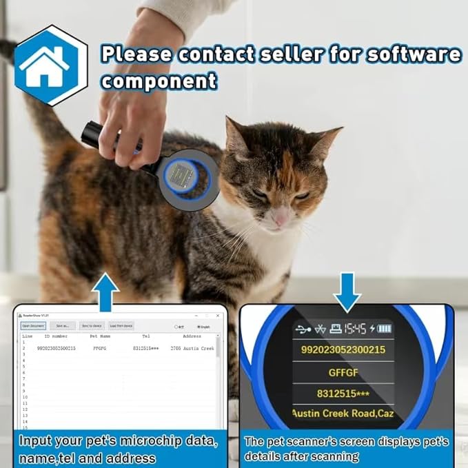 Pet Microchip Scanner Rechargeable RFID Micro Chip Reader Scanner ISO11784/85/FDX-B/EMID 240 Records Data Storage Upload to PC，for Animal/Pets/Pigs/Dogs/Cats