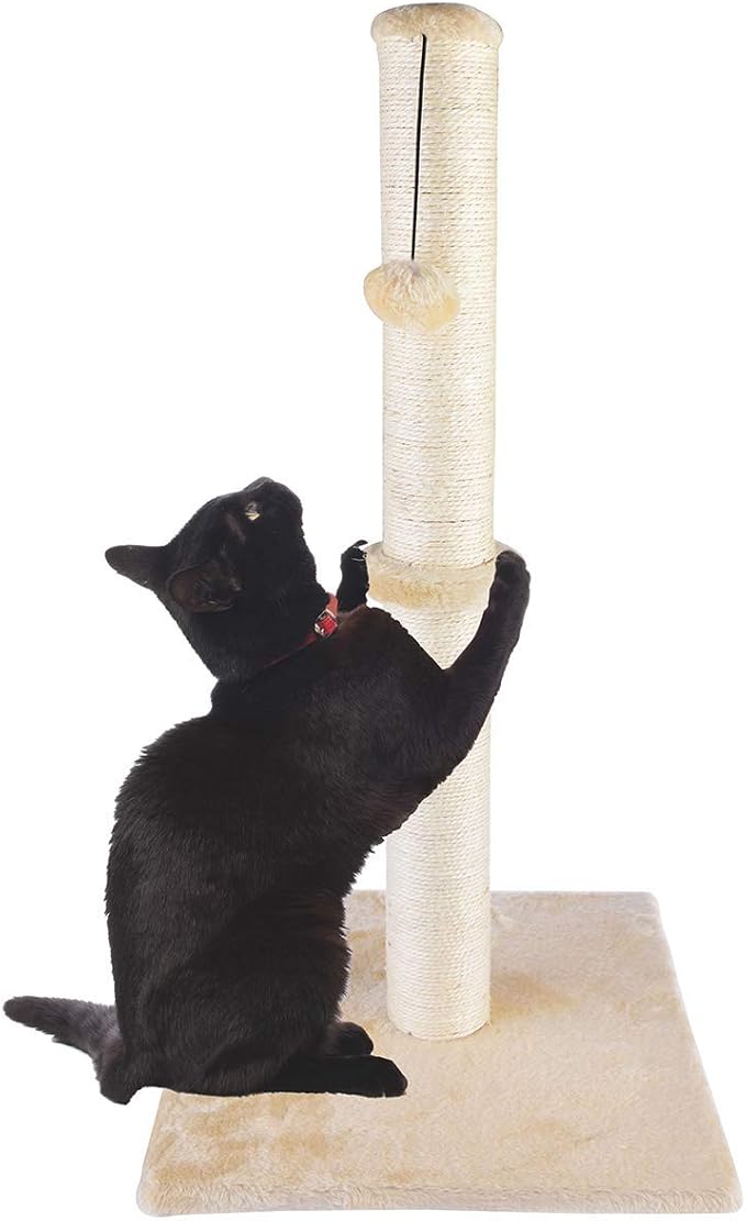 34" Tall Cat Scratching Post for Large Cats and Kittens, High Vertical Scratcher with Premium Natural Sisal Rope and Interactive Hanging Ball for Indoor Cats (Beige)