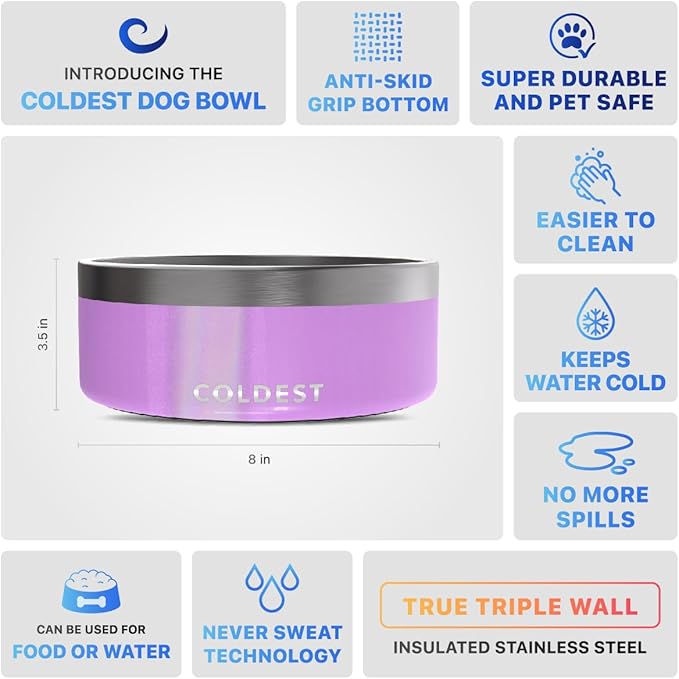 Coldest Dog Bowl, Anti Rust Metal & Non Slip Dog Bowls Large, Spill Proof Heavy Duty 3 Layers Insulated Dog Bowl, Food & Water Bowl for Dogs, Cats, Dishwasher Safe (64 oz, Saturns Purple Glitter)