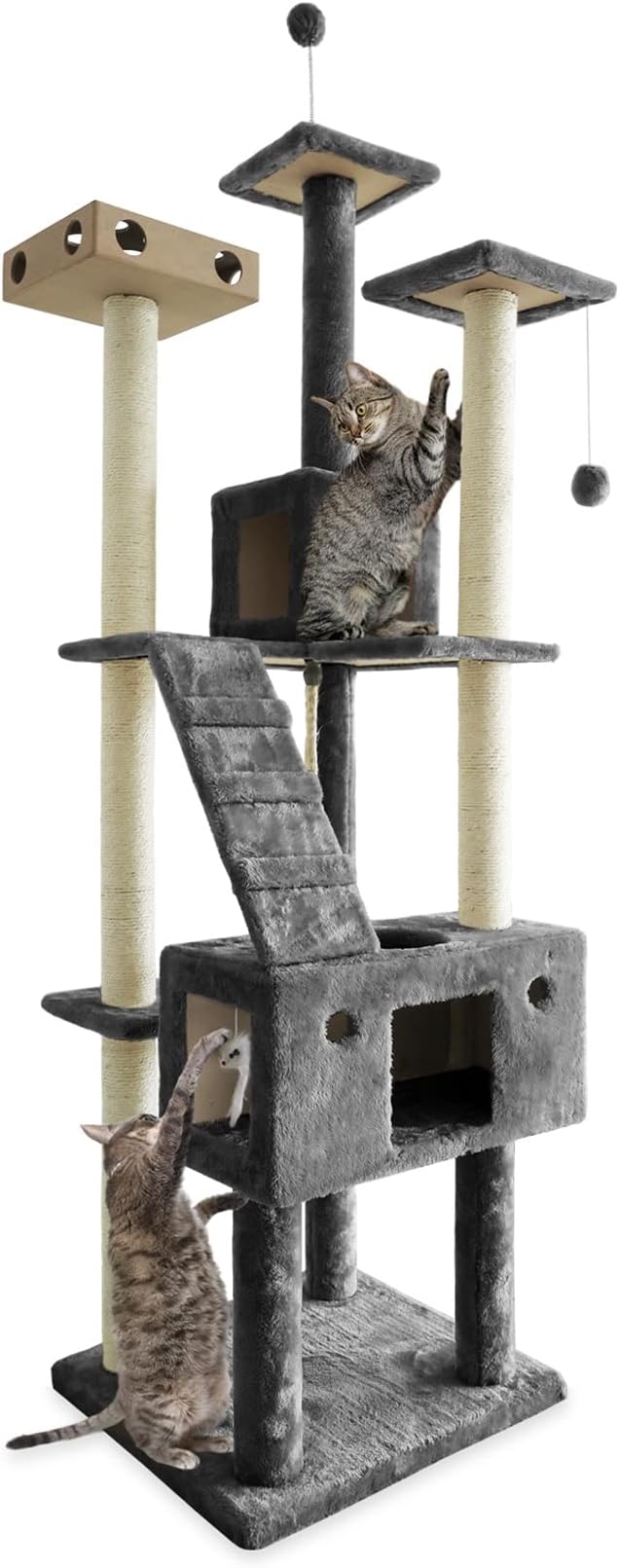 Furhaven 69.3" Tall Cat Tree for Indoor Cats, Ft. Sisal Scratching Posts, 2x Cat Condos, & Toys - Tiger Tough Double Decker Interactive Playground Tower - Silver Gray, One Size