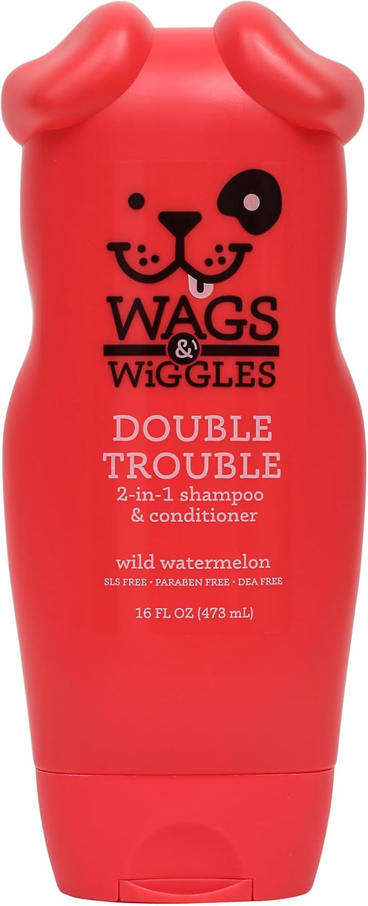 Wags & Wiggles Double Trouble 2-in-1 Dog Shampoo & Conditioner | Cleansing and Nourishing Shampoo and Conditioner for Dogs | Fruity Watermelon Scent, 16 Ounces