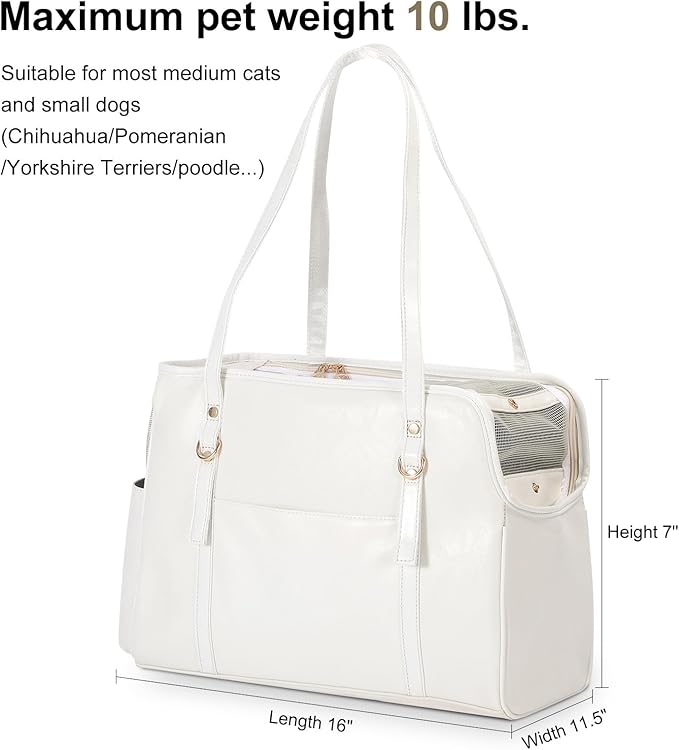 Dog Carrier Purse, Fashion Leather Pet Carrier with Pockets, Airline Approved Soft Sided Dog Carrying Bag for Puppy Cat Dog White