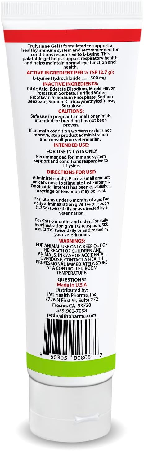 Trulysine Viralysine L-Lysine Gel Supplement for Cats, 5oz - Cats & Kittens of All Ages - Immune Health - Sneezing, Runny Nose, Squinting, Watery Eyes - Maple Flavor (142 Grams (500mg / Serving))