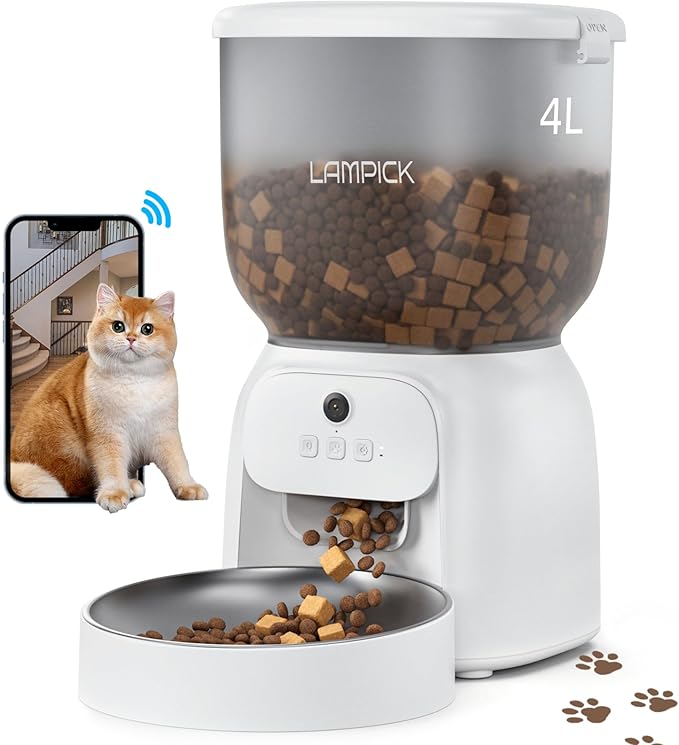 Automatic Cat Feeder with Camera, 1080P HD Video Cat Food Dispenser with Stainless Steel Bowls WiFi Automatic Pet Feeder with 2 Way Audio,Smart App Control