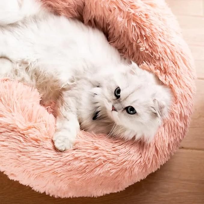 Cat Beds for Indoor Cats - Large Cat Bed Washable 24 inches, Dog Beds for Small Medium Dogs, Anti Anxiety Round Fluffy Plush Faux Fur Cat Bed, Thick Bottom (Large, Pink)
