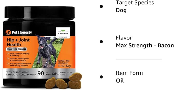 Pet Honesty Hip & Joint Health Max Strength - Natural Joint Supplement for Dogs Chews - Glucosamine, Omega-3s, Chondroitin, Green Lipped Mussel - Help Improve Mobility, May Reduce Discomfort (90 ct)