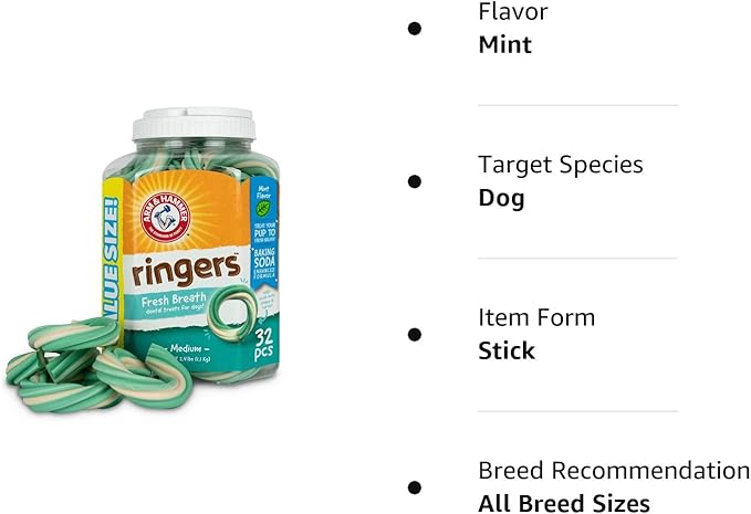 Arm & Hammer for Pets Ringers Fresh Breath Dental Treats for Dogs, Value Pack, 32 Pcs | Dog Dental Chews Fight Bad Dog Breath, Plaque & Tartar Without Brushing | With Baking Soda