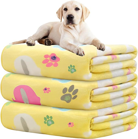 1 Pack 3 Premium Soft Dog Throw Blanket, with Flannel Yellow Cute Elephant Pattern and paw Prints,41x31 inches, Cat Blanket Puppy Pads Supplies Dog Products Stuff Essentials.