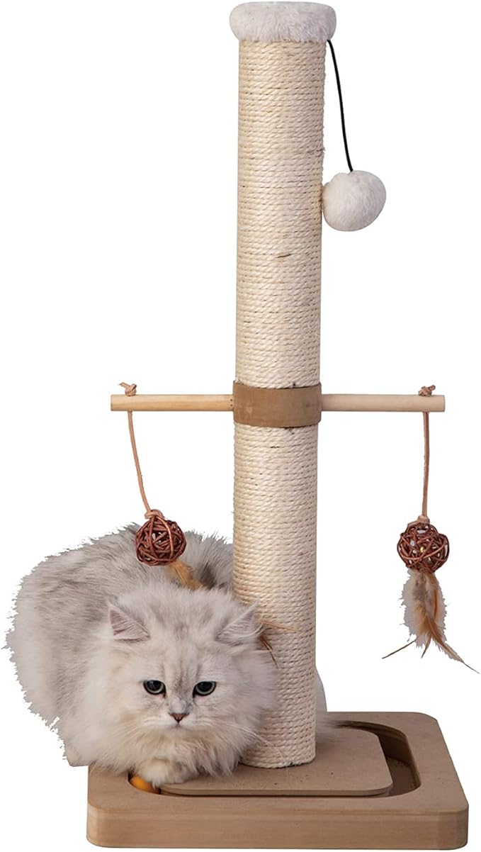 Cat Scratching Post Premium Sisal Toll Scratch Posts with Tracking Interactive Toys Vertical Scratcher for Indoor Cats and Kittens- 25 inches Beige