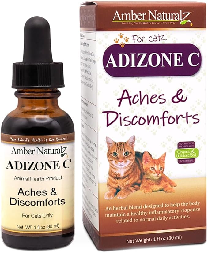 AMBER NATURALZ Adizone C Herbal Supplement for Cats | Feline Herbal Supplement for Occasional Soreness, Stiffness, Aches and Discomfort | 1 Fluid Ounce Glass Bottle | Manufactured in The USA