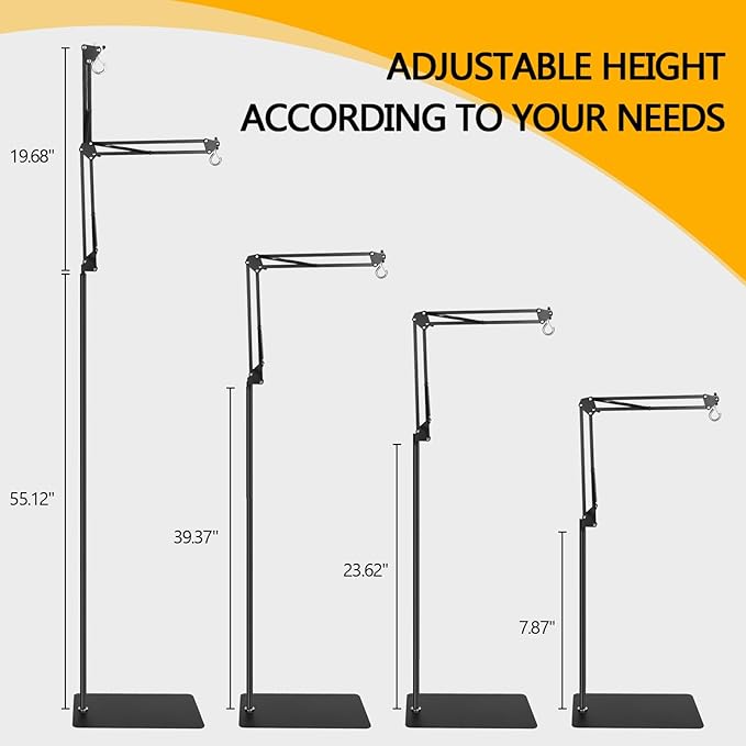 Reptile Heat Lamp Stand,Adjustable Heat Lamp Stand for Reptiles 7.87-74.8" with 360° Rotatable Swing Arm, Reptile Light Stand for Bearded Dragon Lizard Turtle Chick Plants