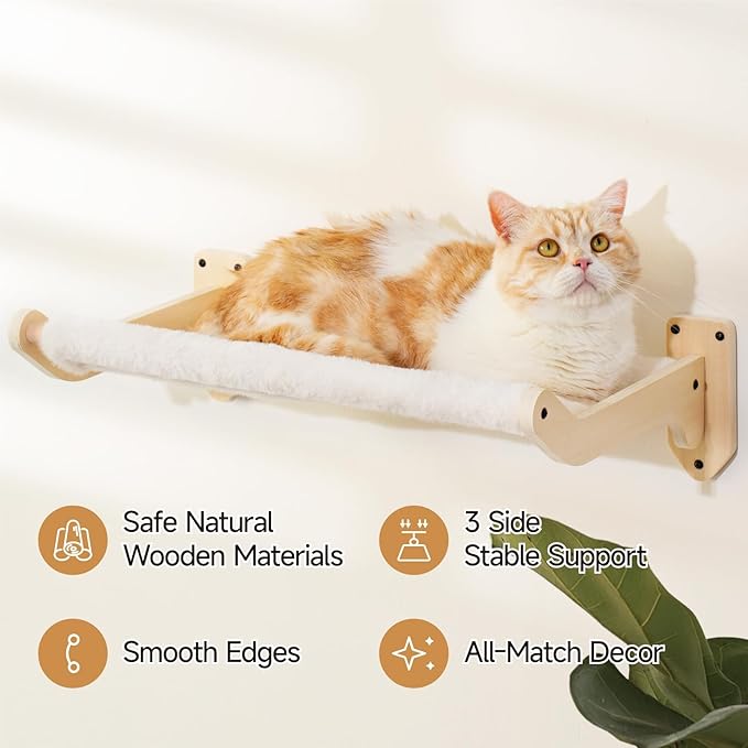 MEWOOFUN Cat Hammock, Cat Wall Shelves with Removable Soft Cover, 20.5 X 12.5 Inch Large Wooden Cat Wall Furniture Beds for Indoor Cats, Stable Cat Bed Cat Perch for Sleeping, Climbing and Playing