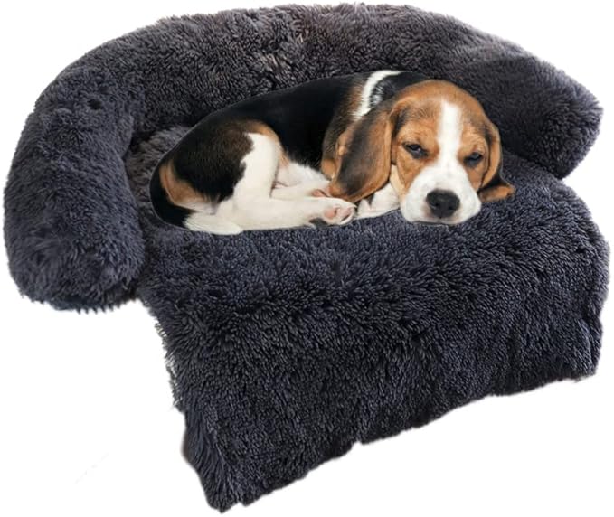 Calming Dog Bed Fluffy Plush Dog Mat for Furniture Protector with Removable Washable Cover for Large Medium Small Dogs and Cats (Small(35x31x5), Dark Grey)