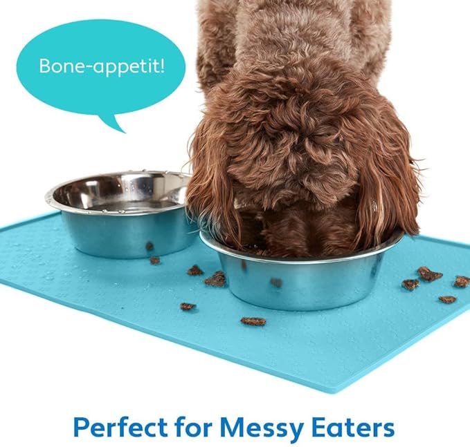 MIGHTY MONKEY 100% Waterproof Dog Food Mat, Raised Edges Silicone Pet Feeding Placemat for Cat, Dogs, Pet Bowls, High Lipped Tray Prevents Water Spills, Food on Floor, Dishwasher Safe, 22x14 Turquoise