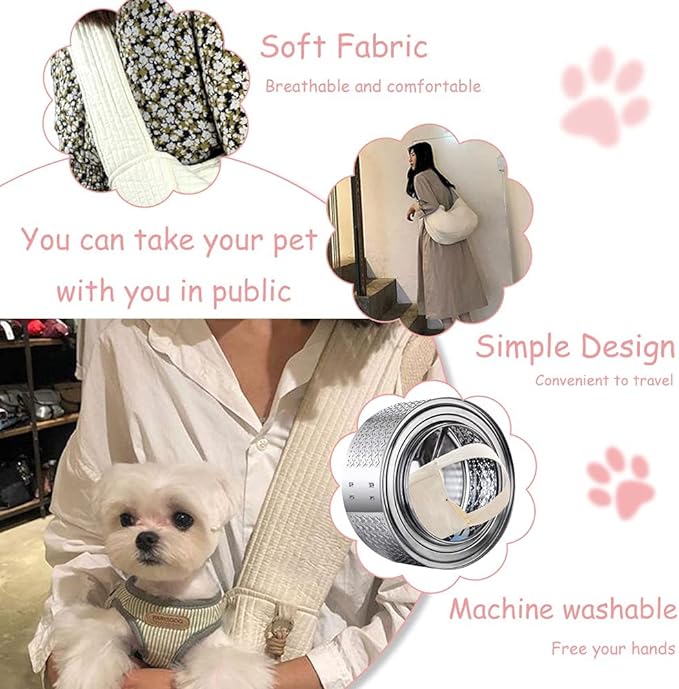 NATUYA Small Dog Carrier Sling for Small Dogs Puppy Cat - Big Pouch Safety Leash Pet Sling Carrier for Walking Outdoor Travel (White Long Strap, Canvas)