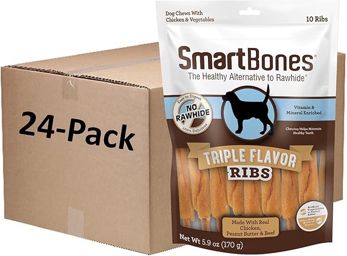 SmartBones No Artificial Colors or Preservatives Rib and Wing Chews, Treat Your Dog to a Fun Shapped Triple Flavor Chew