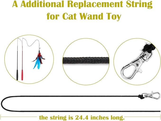 10PCS Cat Worm Toy for Cats, Cat Wand Toy Accessories, Cat Feather Toy Attachments Replacements, and 1PC Black String for Cat Fishing Pole Toy, Assorted Worm Cat Toy Teaser for Indoor Cats Kitten