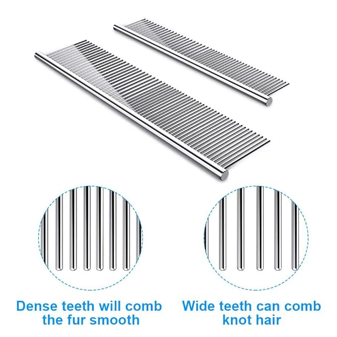 2 Pack Dog Combs with Rounded Ends Stainless Steel Teeth, Cat Comb for Removing Tangles and Knots, Professional Grooming Tool for Long and Short Haired Dog, Cat and other pets, 6.3IN/7.4IN