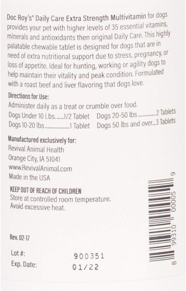 Doc Roy's Daily Care Extra Multivitamin with Minerals for Dogs- Canine Daily Health Supplement - 180ct Tablets