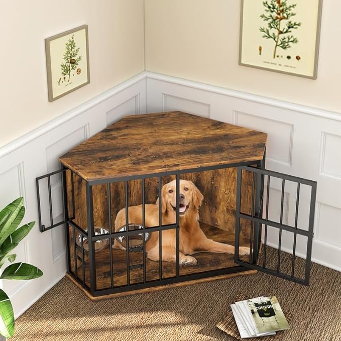 ROOMTEC 42 inch Furniture Dog Crate Corner, Dog Kennel Corner Wooden End Table with Bowl, Indoor Pet Crates Corner Side Table for Dogs, Wide Top Perfect for Limited Room