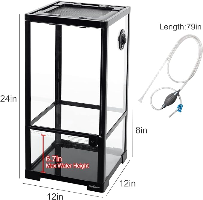 REPTIZOO 15 Gallon Full Glass Reptile Terrarium 12" x 12" x 24" Knock-Down Glass Tank and Siphon Gravel Cleaner Set, Small Habitat for Reptile Chameleon, Tree Frogs, Arboreal Geckos,Lizard