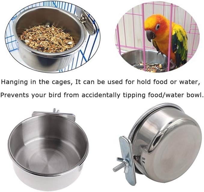 Tfwadmx Bird Feeding Dish Cups Parrot Food Bowl Clamp Holder Coop Cup, 2PCS Bird Cage Water Bowl for Parakeet African Greys Conure Cockatiels Lovebird Budgie Chinchilla