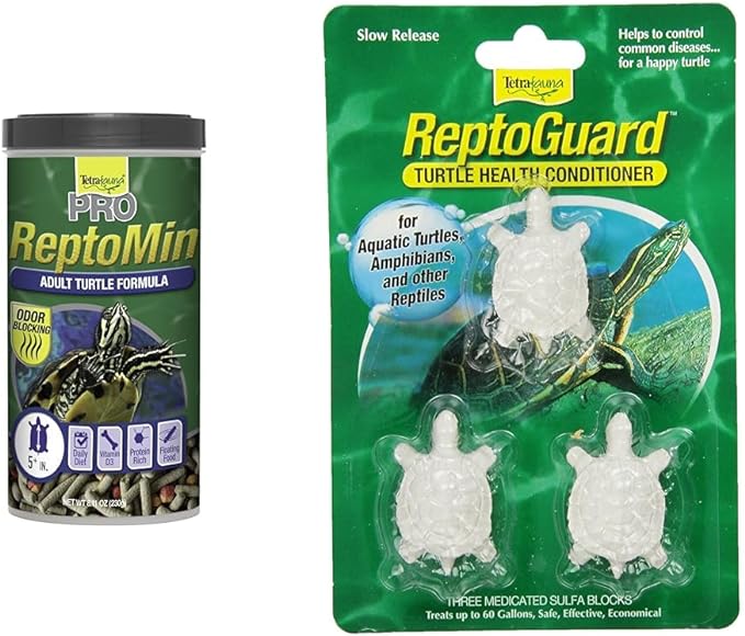 Tetra TetraFauna PRO ReptoMin Pro Sticks Adult Turtle Formula Daily Diet for Aquatic Turtles, 8.11 oz and TetraFauna ReptoGuard Turtle Health Conditioner 3 Count, Slow-Release (19514)