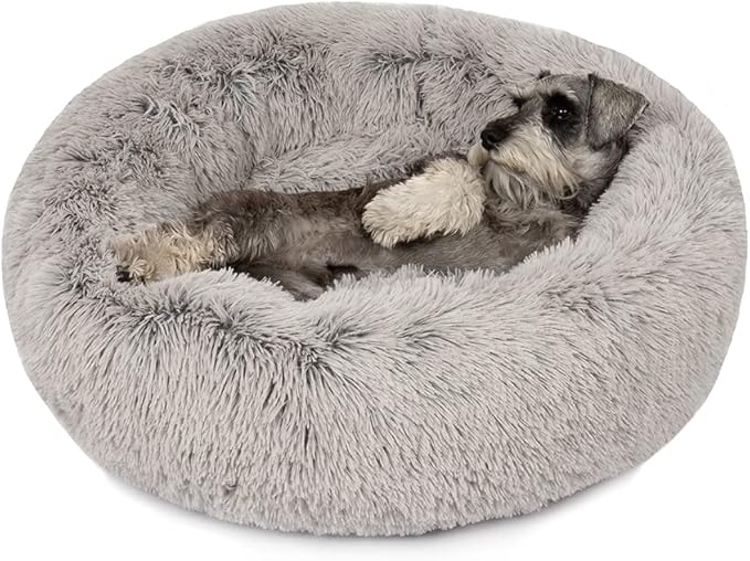 Friends Forever Donut Dog Bed Faux Fur Fluffy Calming Sofa For Medium Dogs, Soft & Plush Anti Anxiety Pet Couch For Dogs, Machine Washable Coco Pet Bed with Non-Slip Bottom, 30"x30"x7" Grey