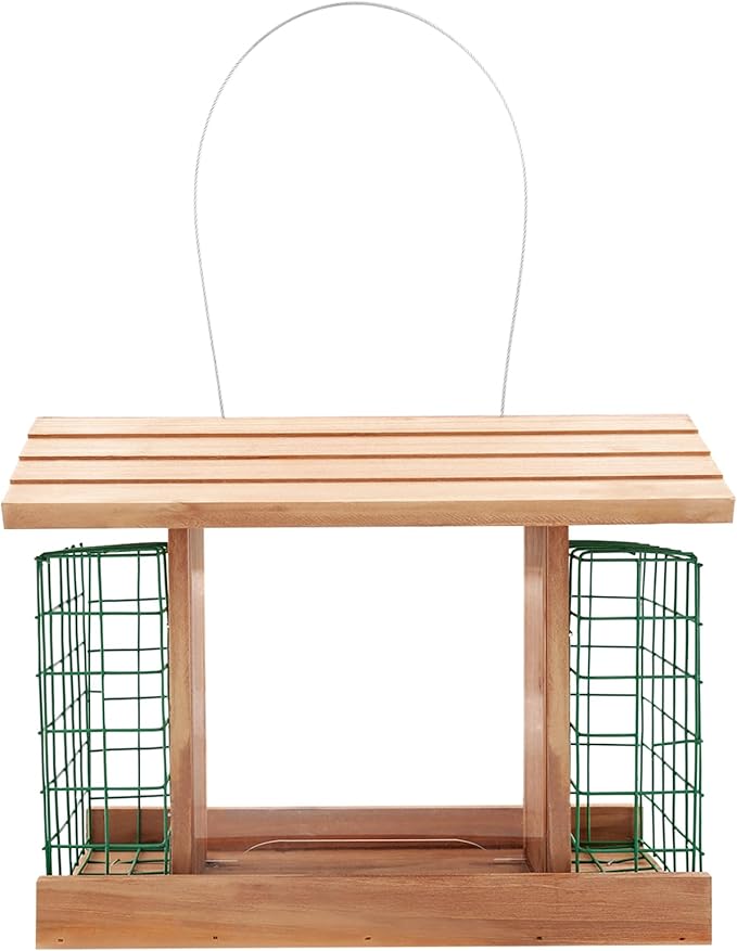 Wooden Bird Feeders for Outdoor Hanging, Large Capacity Handmade Wildbird Feeder for Outside Yard Patio Hanging with Double Suet Holder Cages, Waterproof and Durable, Nature