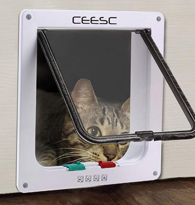 CEESC Cat Flap Door Magnetic Pet Door with 4 Way Lock for Cats, Kitties and Kittens, 3 Sizes and 2 Colors Options (M- Inner size: 6.18"(W) x 6.30"(H), White)