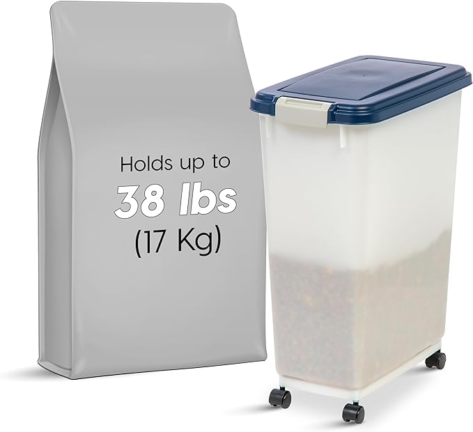 IRIS USA WeatherPro Airtight Dog Food Storage Container, Up to 38 lbs, Attachable Wheels, For Dog Cat Bird and Other Pet Food Storage Bin, Keep Fresh, Easy Mobility, BPA Free, Navy/Pearl