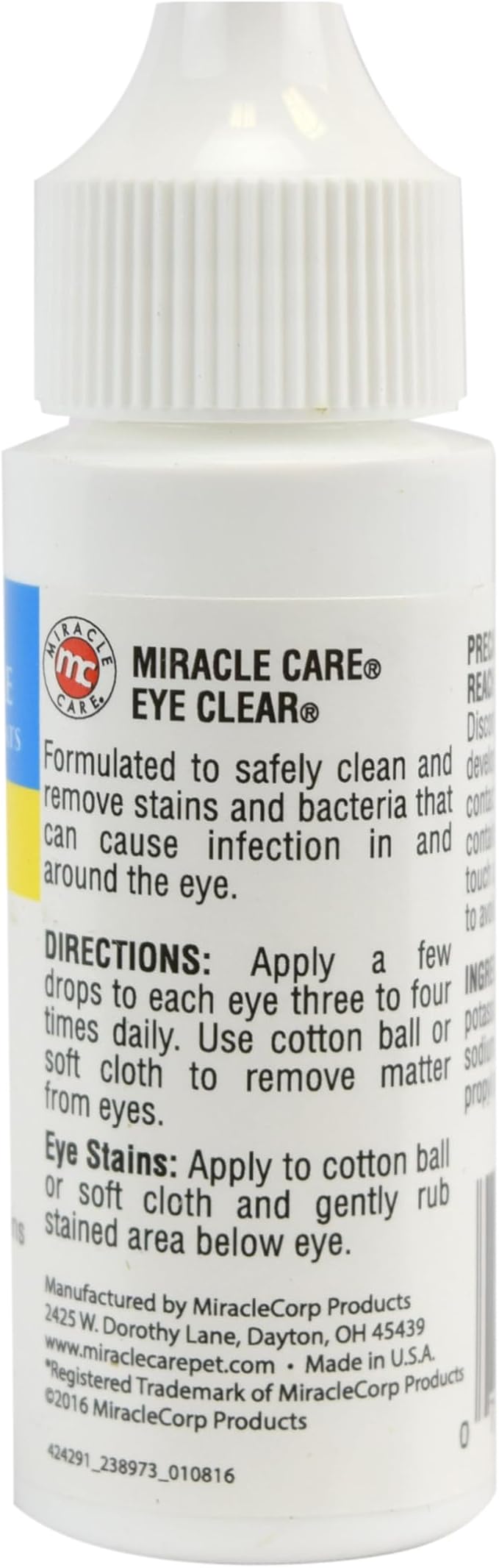 Miracle Care Eye Wash - 1 oz; Eye Clear Solution for Dogs and Cats, Eye Wash Formulated to Gently Cleaning Eyes, Sterile Cat and Dog Tear Stain Remover