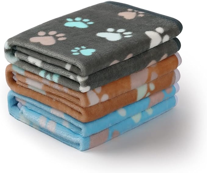 Luciphia 1 Pack 3 Blankets Fluffy Premium Fleece Pet Blanket Flannel Paw Printed Throw for Dog Cat(Medium 30x20'', Grey/Brown/Blue)