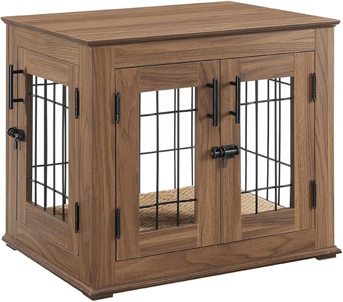 beeNbkks Furniture Style Dog Crate End Table, Double Doors Wooden Wire Dog Kennel with Pet Bed, Decorative Pet Crate Dog House Indoor Medium Large