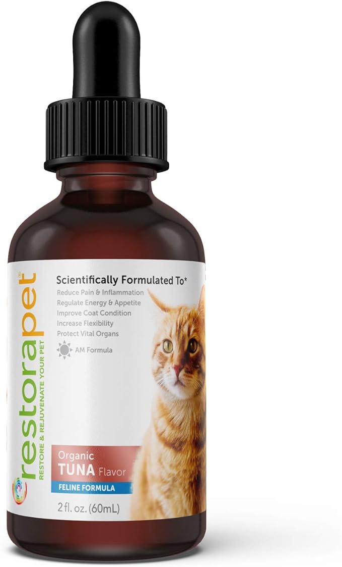 RestoraPet Organic Cat Supplement | Healthy & Safe Antioxidant Liquid Drops | Anti-Inflammatory Multi-Vitamin | Increases Mobility & Energy | Cat Joint Supplement | Tuna Flavored