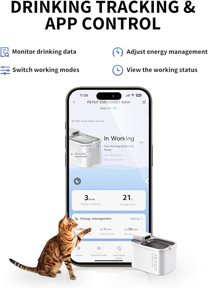 PETKIT EVERSWEET MAX Cordless Cat Water Fountain, 105 fl oz/3L Pet Water Fountain for Cats Dogs Inside, Automatic Cat Water Dispenser with Replacement Filter, App Control