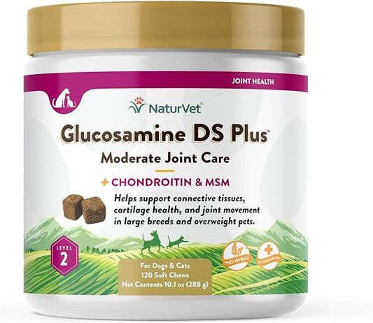 NaturVet – Glucosamine DS Plus - Level 2 Moderate Care – Supports Healthy Hip & Joint Function – Enhanced with Glucosamine, MSM & Chondroitin – for Dogs & Cats–120 Soft Chews