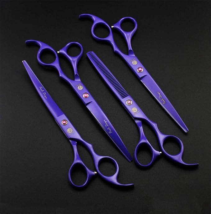 Purple Dragon Professional 7.0 inch 4PCS Pet Grooming Scissors Kit Japan Premium Steel Straight & Curved & Thinning Blade Dog Hair Cutting Shears Set with Case