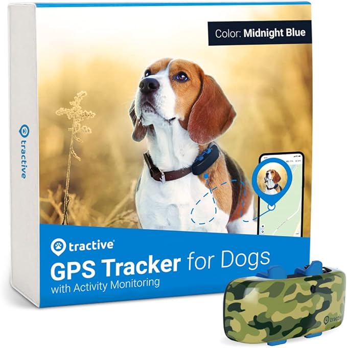 Tractive GPS Pet Tracker for Dogs - Waterproof, GPS Location & Smart Activity Tracker, Unlimited Range, Works with Any Collar (Midnight Blue with Camouflage Cover)