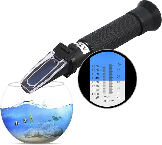 AUTOUTLET Salinity Refractometer for Aquarium Salinity Tester with ATC and Dual Scale 0-100‰ & 1.000-1.070 Specific Gravity Saltwater Tester for Seawater Pool Fish Tank