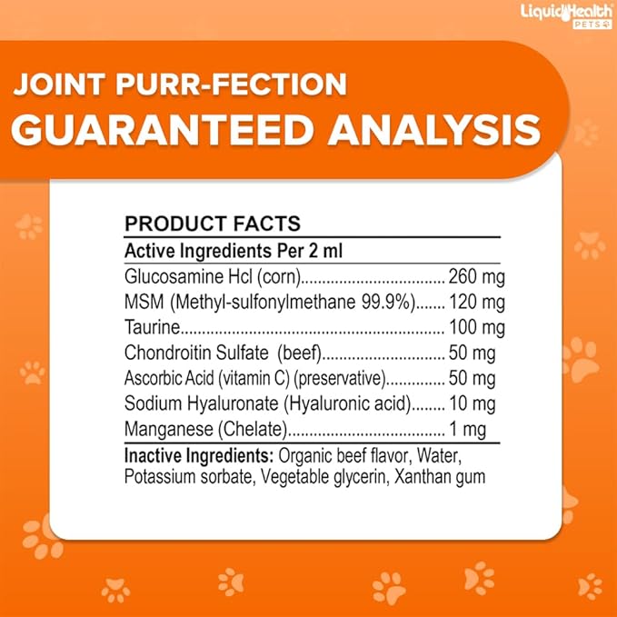 LIQUIDHEALTH 2.3 Oz Liquid Cat Glucosamine Joint Purr-Fection - Hip and Joint Health Relief Support, Chondroitin Feline Droppers -Senior Older Cats, Kittens - (3 Pack)