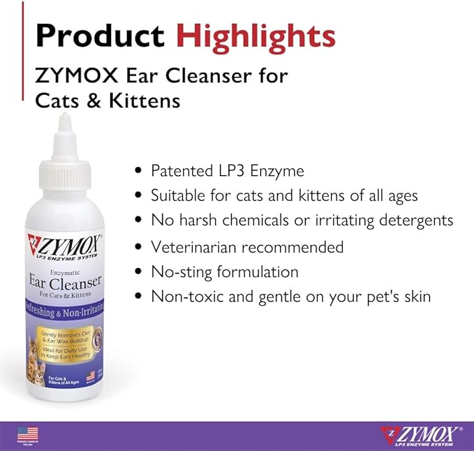 Zymox Enzymatic Ear Cleanser for Cats & Kittens, 4 oz. – Cleans & Refreshes Ear Canal for Relief from Ear Wax & Dirt Buildup