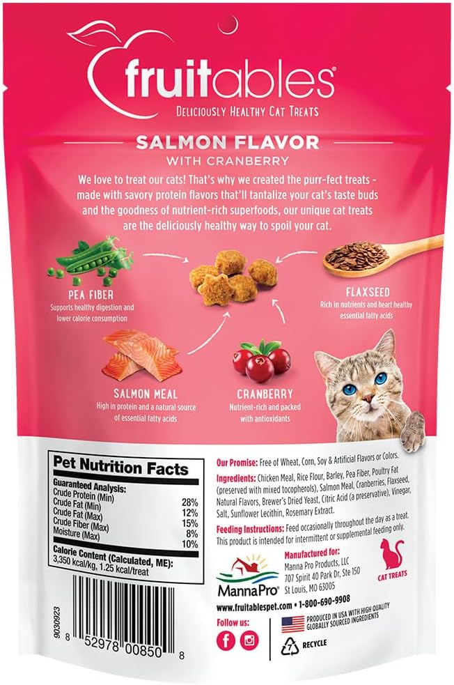 Fruitables Cat Treats – Crunchy Treats For Cats – Healthy Low Calorie Treats Packed with Protein – Free of Wheat, Corn and Soy – Made with Real Salmon with Cranberry – 2.5 Ounces