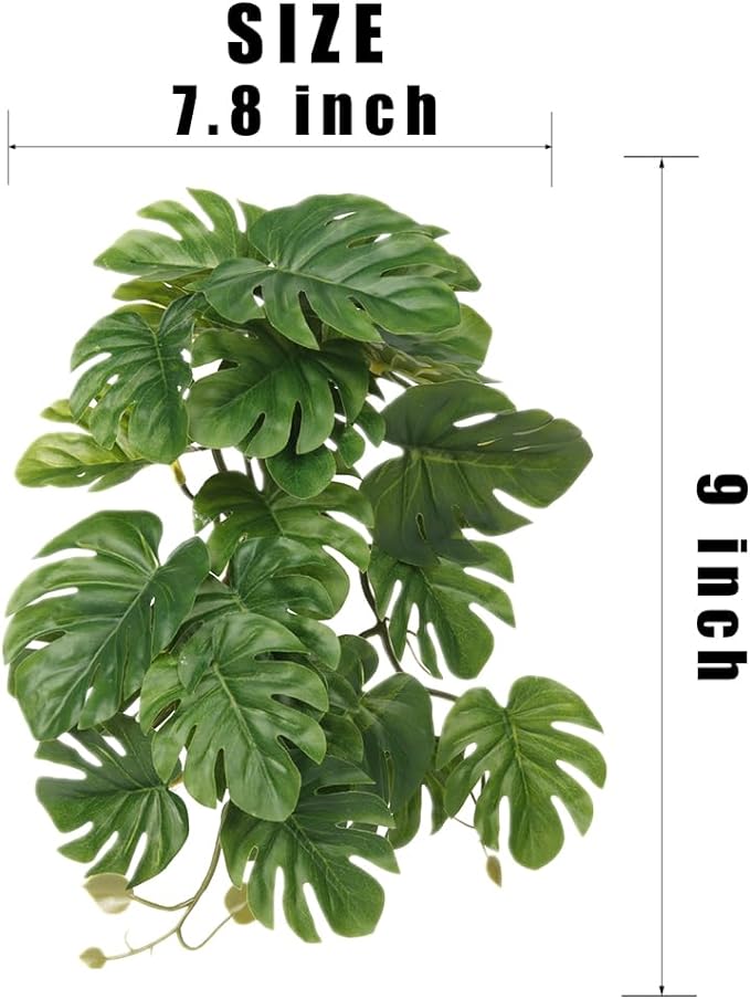 Reptile Plants for Terrarium, Amphibian Habitat Decor Artificial Hanging Plants with Suction Cup - Fake Monstera