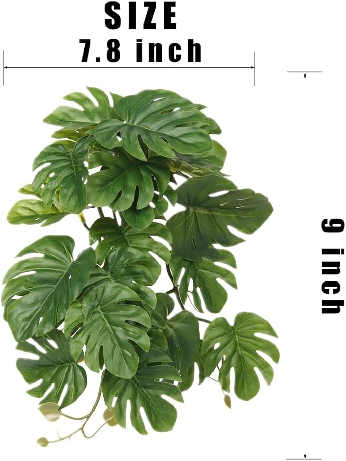 2Pack Reptile Fake Plants for Terrarium, Snake Tank Accessories, Habitat Decor Artificial Hanging Plants with Suction Cup - Fake Monstera