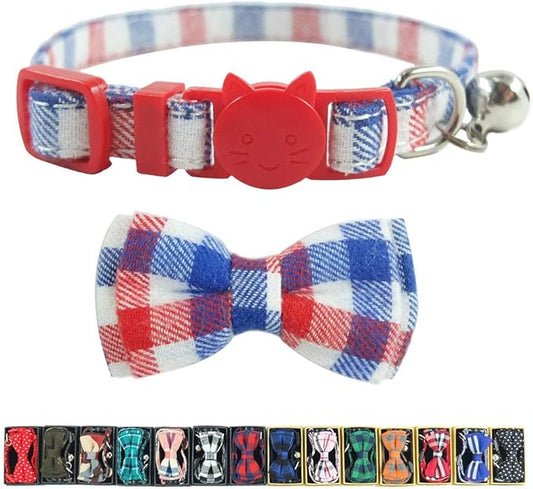 Cat Collar Breakaway with Bell and Bow Tie, Plaid Design Adjustable Safety Kitty Kitten Collars(6.8-10.8in) (Red/White/Blue)